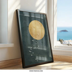 Minimalist Moon Wall Art, Flying Birds Print, Celestial Decor, Modern Home Art, Circle Graphic Print, Dark Teal, Home Decor Wall Art - Tawshia