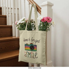 Dont Forget To Smile Tote Bag, Colorful Camera Design, Positive Vibes, Daily Reminder Bag, Gift for Photographers, Trendy Canvas Tote - Tawshia