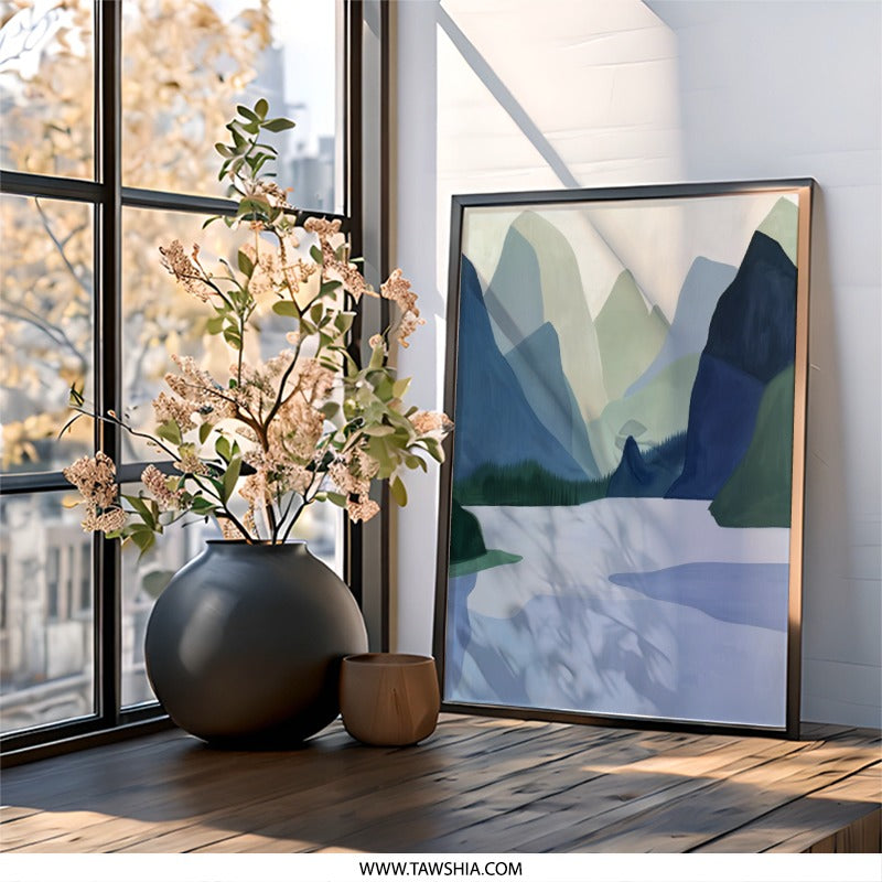 Mountain Lake Wall Art, Abstract Landscape Print, Minimalist Nature Poster, Modern Home Decor, Serene Painting Artwork - Tawshia