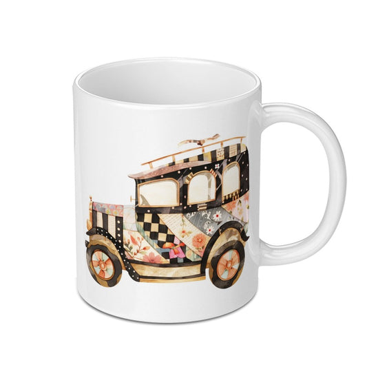 Vintage Car Mug, Patchwork Design Coffee Cup, Unique Auto Lover Gift, Decorative Tea Mug, Novelty Drinkware, Classic Vehicle Art Mug - Tawshia