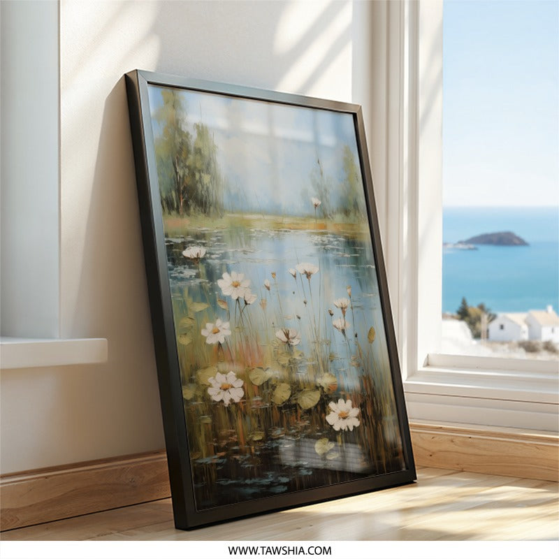 Pond Flowers Wall Art, Floral Landscape Print, Nature Inspired Artwork, Serene Water Lilies Painting, Botanical Home Decor, Wall Art - Tawshia
