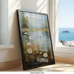 Pond Flowers Wall Art, Floral Landscape Print, Nature Inspired Artwork, Serene Water Lilies Painting, Botanical Home Decor, Wall Art - Tawshia