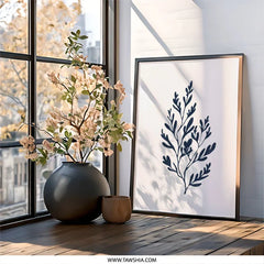 Navy Botanical Wall Art, Modern Leaf Print, Minimalist Plant Decor, Dark Blue Foliage Artwork, Framed Wall Decor, Nature Inspired Art - Tawshia