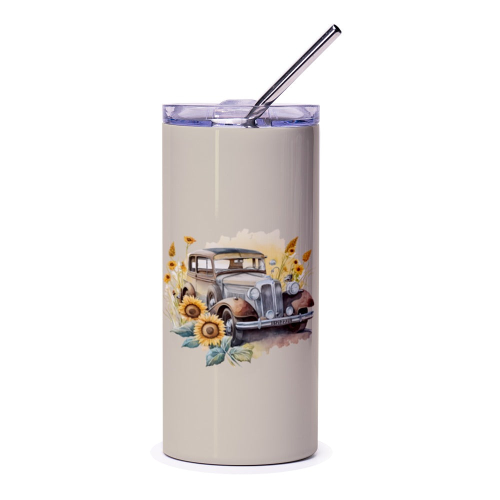 Classic Car Tumbler, Sunflower Tumbler, Vintage Car Gift, Car Lover Tumbler, Automotive Tumbler, Tumbler with Straw, Gift for Him, Her - Tawshia