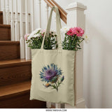 Purple Thistle Flower Tote Bag, Floral Print Reusable Shopping Bag, Unique Botanical Art, Nature Lover Gift, Everyday Carry Bag - Tawshia