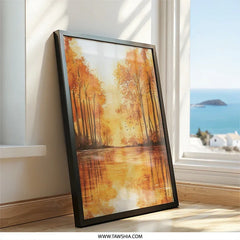 Autumn Lake Wall Art, Watercolor Trees Reflection, Fall Season Print, Birds in Flight, Nature Scenery Painting, Warm Tones Landscape - Tawshia