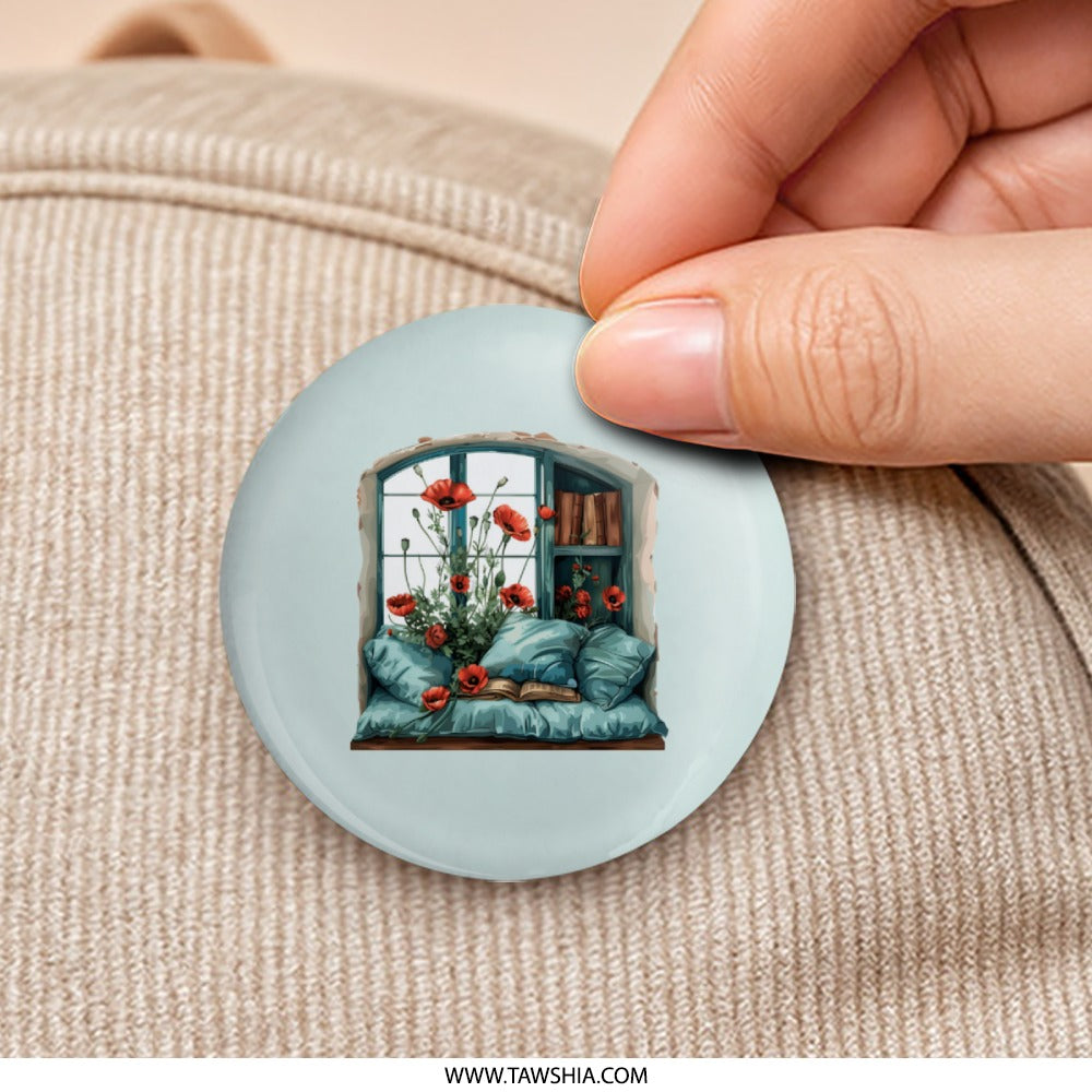 Window Poppies Pinback, Reading Nook Pin, Book Lover Button, Floral Pin, Cozy Aesthetic Pinback, Floral Pinbacks, Literary Gift - Tawshia