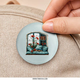 Window Poppies Pinback, Reading Nook Pin, Book Lover Button, Floral Pin, Cozy Aesthetic Pinback, Floral Pinbacks, Literary Gift - Tawshia