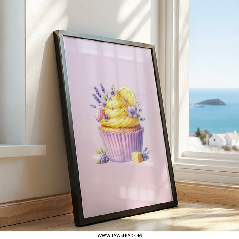 Lemon Lavender Cupcake Wall Art, Whimsical Pastry Print, Sweet Treat Home Decor, Kitchen Art, Dessert Lover Gift, Foodie Wall Decor - Tawshia
