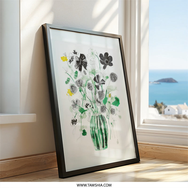 Black Floral Wall Art, Green Vase Print, Minimalist Flower Art, Modern Botanical Decor, Living Room Art, Housewarming Gift - Tawshia