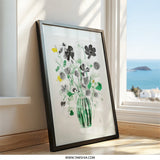 Black Floral Wall Art, Green Vase Print, Minimalist Flower Art, Modern Botanical Decor, Living Room Art, Housewarming Gift - Tawshia