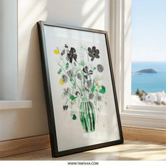 Black Floral Wall Art, Green Vase Print, Minimalist Flower Art, Modern Botanical Decor, Living Room Art, Housewarming Gift - Tawshia