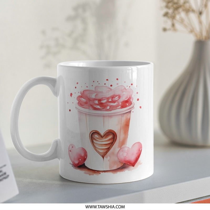 Watercolor Love Latte Mug, Coffee Mug, Valentine Gift Mug, Romantic Mug, Heart Mug, Drinkware, Cozy Mug, Gift for Her, Gifts for Him - Tawshia