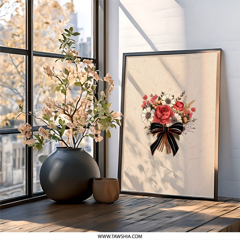 Floral Bouquet Wall Art, Rose Flower Art Print, Elegant Home Decor, Black Bow Flower, Botanical Art, Flower Arrangement, Modern Wall Decor - Tawshia