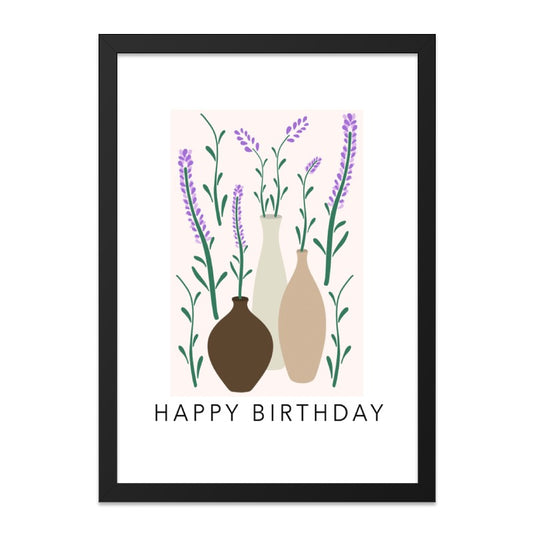 Happy Birthday Wall Art, Lavender Flower Print, Botanical Birthday Gift, Vases Art Print, Minimalist Home Decor, Floral Illustration - Tawshia