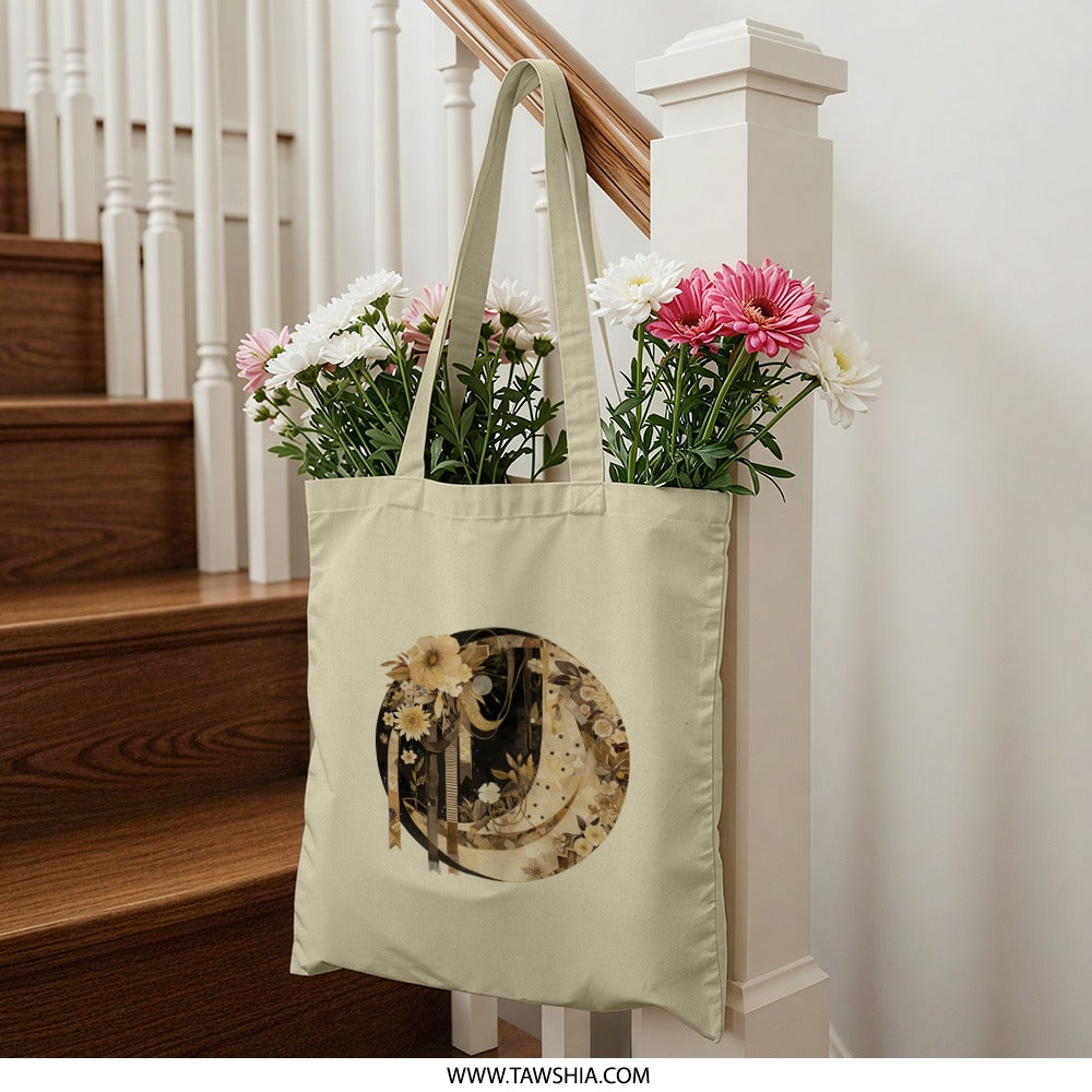 Celestial Floral Tote Bag, Crescent Moon Design, Stylish Everyday Bag, Unique Art Tote, Gift for Her, Aesthetic Shopping Bag, Trendy Tote - Tawshia