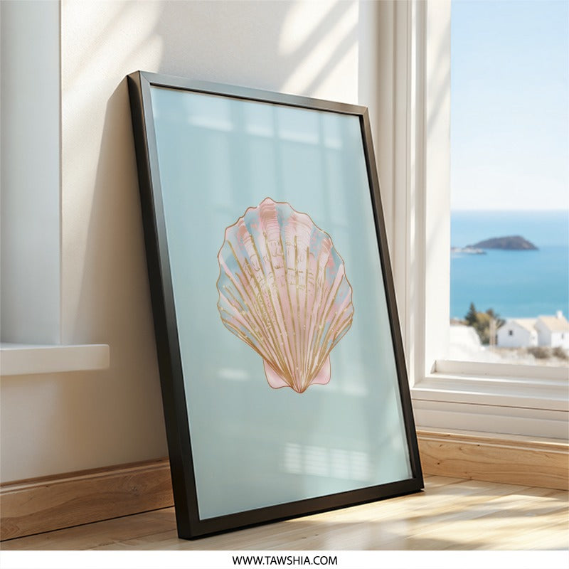 Seashell Wall Art, Pink Blue Gold Shell Print, Coastal Home Decor, Beach House Wall Decor, Modern Wall Art, Ocean Art Print - Tawshia