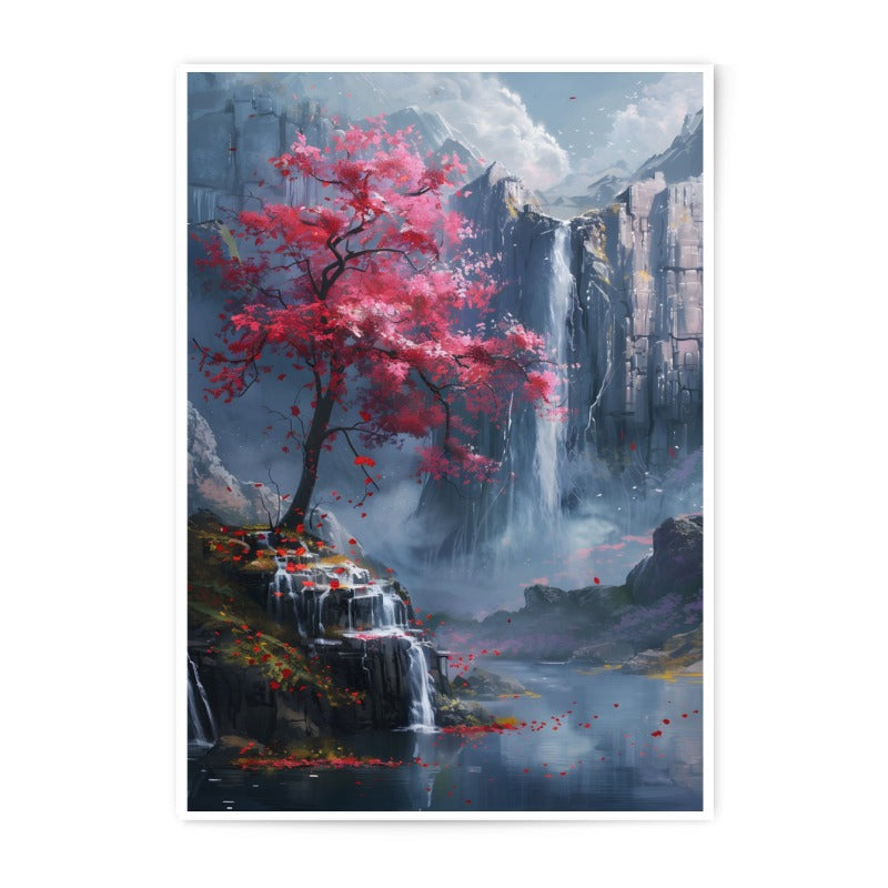Waterfall Photographic Print, Cherry Blossom Tree Art, Asian Landscape Photography, Nature Wall Decor, Japanese Scenery Print - Tawshia
