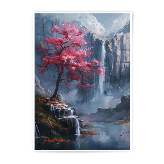 Waterfall Photographic Print, Cherry Blossom Tree Art, Asian Landscape Photography, Nature Wall Decor, Japanese Scenery Print - Tawshia