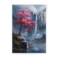 Waterfall Photographic Print, Cherry Blossom Tree Art, Asian Landscape Photography, Nature Wall Decor, Japanese Scenery Print - Tawshia