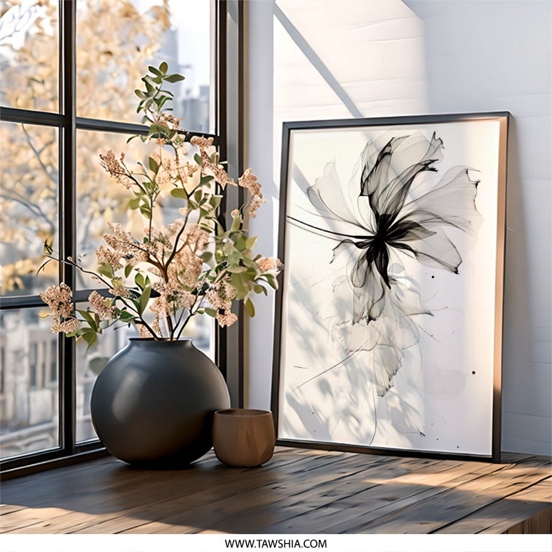 Abstract Floral Wall Art, Monochrome Flower Print, Modern Home Decor, Botanical Wall Hanging, Minimalist Art Print, Elegant Flower Artwork - Tawshia