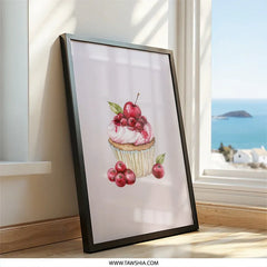 Cherry Cupcake Wall Art, Watercolor Cupcake Print, Sweet Treat Decor, Food Illustration, Kitchen Art, Dessert Poster - Tawshia
