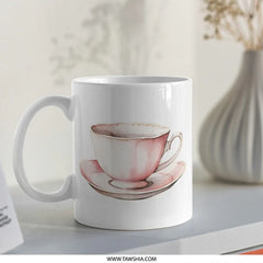 Pink Teacup Mug, Watercolor Coffee Mug, Tea Lover Gift, Pretty Mug, Drinkware, Unique Mug, Kitchen Decor, Cup and Saucer, Elegant Mug - Tawshia
