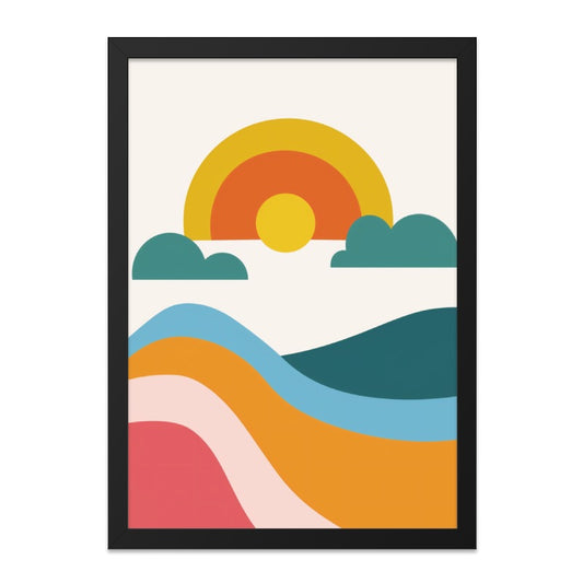 Retro Sun Wall Art, Abstract Landscape Print, 70s Style Home Decor, Boho Mountain Art, Colorful Illustration, Modern Art Print - Tawshia