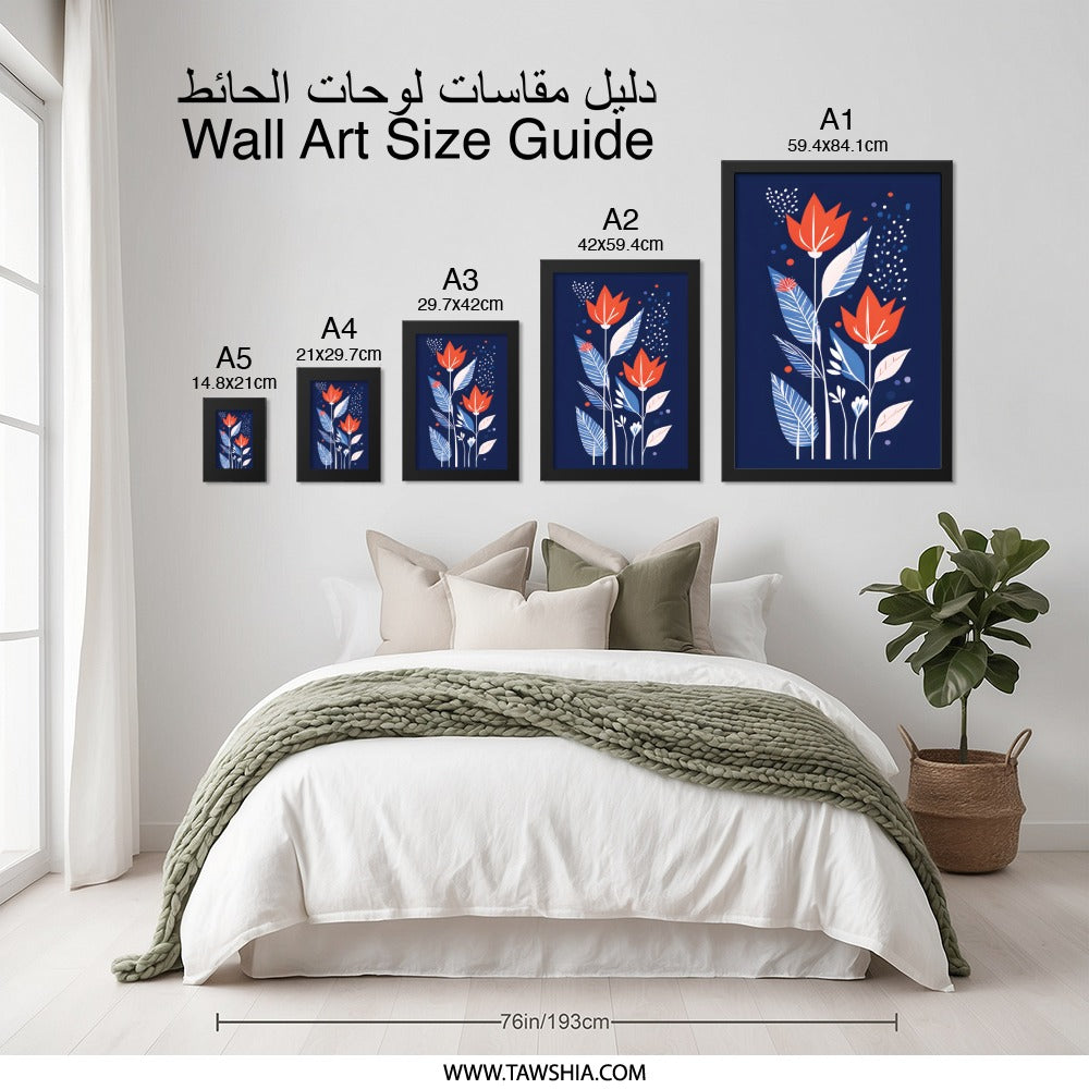 Modern Floral Art, Abstract Flower Wall Art, Contemporary Art Print, Botanical Wall Decor, Red Tulip Painting, Blue Wall Art, Home Decor - Tawshia