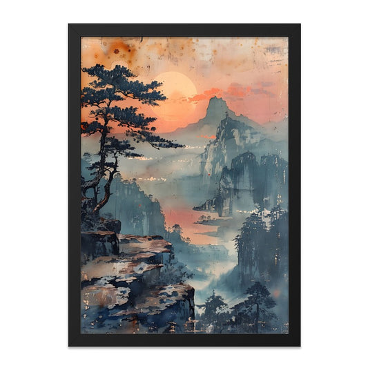 Tranquil Mountain Sunset Wall Art, Watercolor Landscape Print, Serene Nature Scene, Asian Inspired Decor, Peaceful Home Wall Decor - Tawshia