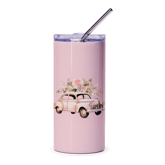 Vintage Car Tumbler, Floral Tumbler, Pink Car Tumbler, Watercolor Car Tumbler, Gift for Her, Unique Tumbler, Travel Mug, Coffee Cup - Tawshia