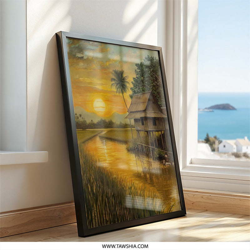 Golden Sunset Wall Art, Tropical House Painting, Rice Field Scenery, Peaceful Landscape Print, Nature Home Decor, Asian Art Print - Tawshia