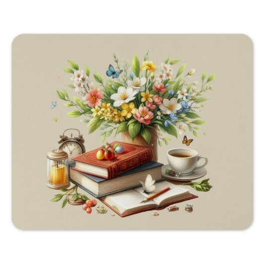 Floral Mouse Pad, Cottagecore Decor, Still Life, Butterfly Art, Books and Flowers, Aesthetic Desk Mat, Unique Office Gift, Reading Nook - Tawshia