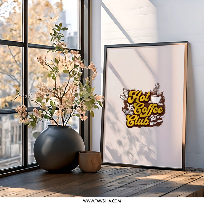 Hot Coffee Club Wall Art, Coffee Lover Decor, Kitchen Wall Art, Caffeine Art, Retro Coffee Print, Coffee Bean Art, Trendy Coffee Art - Tawshia