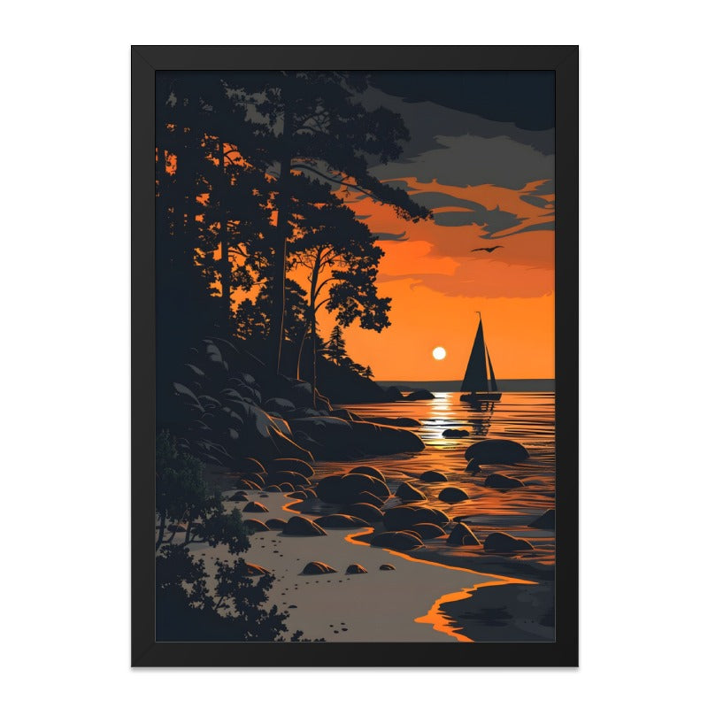 Sunset Sailboat Wall Art, Coastal Scenery Print, Beach Silhouette Poster, Orange Sky Landscape, Scandinavian Design, Nature Artwork - Tawshia
