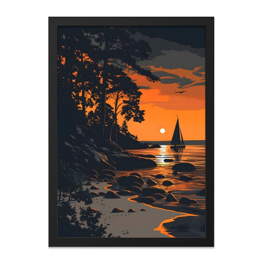 Sunset Sailboat Wall Art, Coastal Scenery Print, Beach Silhouette Poster, Orange Sky Landscape, Scandinavian Design, Nature Artwork - Tawshia