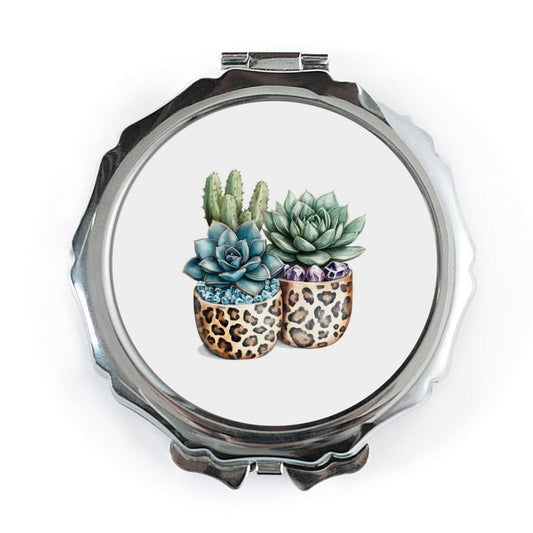 Succulent Cactus Pocket Mirror, Leopard Print Pot, Cute Compact Mirror, Travel Mirror, Makeup Mirror, Gift for Her, Boho Pocket Mirror - Tawshia