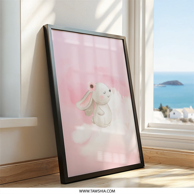 Bunny Wall Art, Cute Rabbit Art, Nursery Decor, Pink Cloud Wall Decor, Kids Room Art, Baby Shower Gift, Animal Illustration, Flower Crown - Tawshia