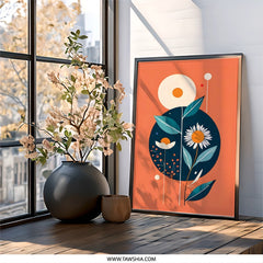 Floral Wall Art Print, Modern Flower Art, Abstract Botanical Decor, Geometric Wall Decor, Orange and Blue Wall Art, Minimalist Art Print - Tawshia