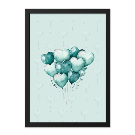Teal Heart Balloons Framed Wall Art, Watercolor Balloon Print, Nursery Wall Decor, Pastel Balloons Art, Love Balloons Decoration - Tawshia