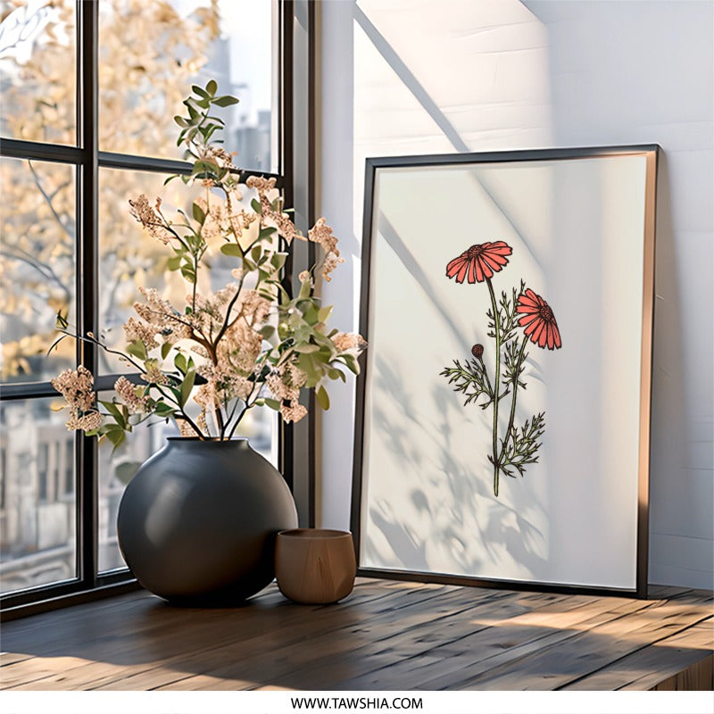 Coral Daisy Wall Art Print, Floral Illustration, Botanical Decor, Modern Home Decor, Living Room Art, Gift Idea, Minimalist Flower Art - Tawshia
