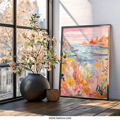 Floral Landscape Wall Art, River View Artwork, Birds Painting, Pink Sky Scenery Print, Cityscape Illustration, Nature Home Decor - Tawshia