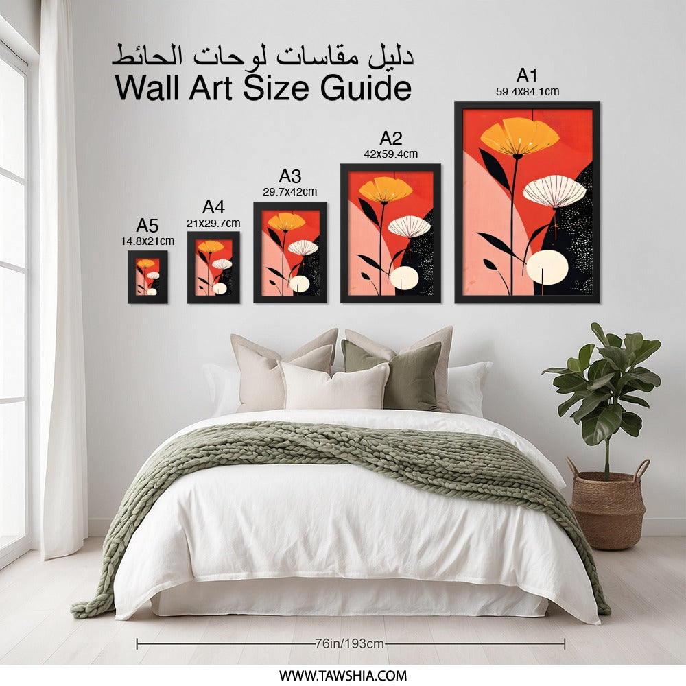 Floral Wall Art, Abstract Flowers Print, Botanical Art, Modern Home Decor, Orange Red Art, Living Room Art, Bedroom Wall Decor - Tawshia