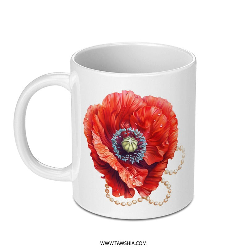 Red Poppy Flower Mug, Floral Coffee Cup, Pearl Art Mug, Flower Lover Gift, Botanical Mug, Decorative Mug, Gift For Her - Tawshia