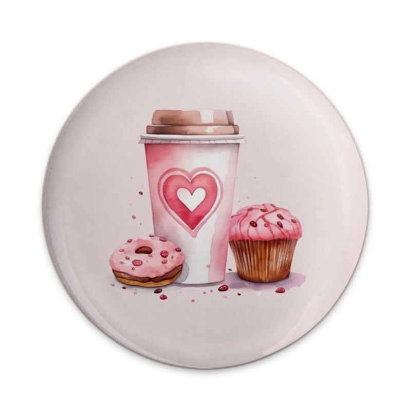 Coffee Donut Cupcake Pinback Button, Watercolor Food Button, Sweet Treat Accessory, Cute Button Badge, Valentine's Day Gift - Tawshia