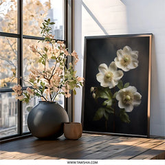 Anemone Wall Art, Floral Print, White Flowers Poster, Botanical Art, Modern Home Decor, Dark Background, Elegant Artwork, Wall Decor - Tawshia