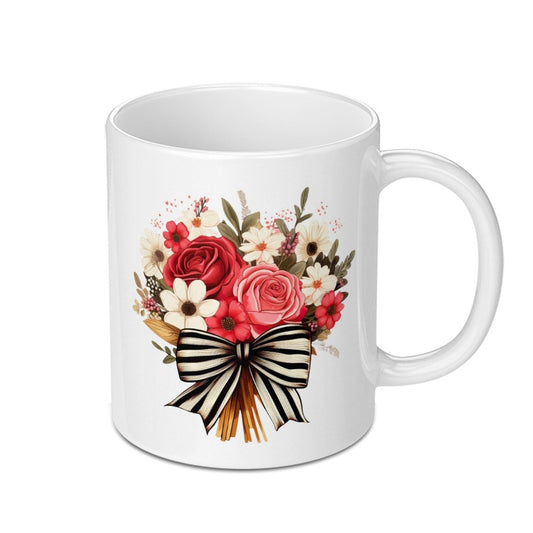 Floral Bouquet Mug, Rose Flower Coffee Cup, Striped Bow Mug, Gift Idea, Pretty Tea Mug, Special Occasion Cup, Trendy Mug - Tawshia