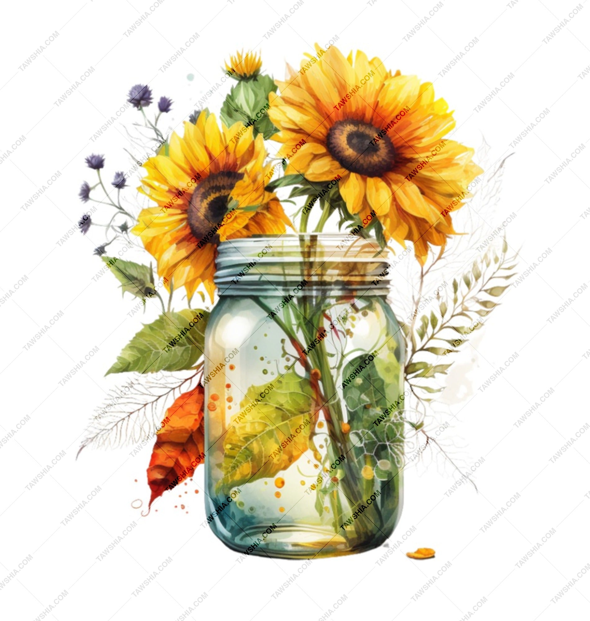 Sunflower Mug, Floral Watercolor Design, Mason Jar Art, Coffee Mug, Tea Cup, Gift Idea, Unique Present, Flower Lover Gift - Tawshia