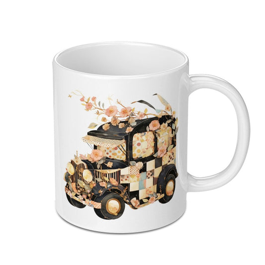 Floral Vintage Car Mug, Antique Vehicle Coffee Cup, Retro Automobile Gift, Unique Design Mug - Tawshia