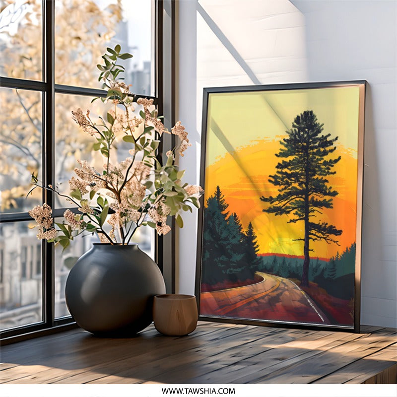 Sunset Road Wall Art, Pine Tree Print, Landscape Painting, Nature Wall Decor, Scenic Art Print, Modern Wall Art, Home Decor - Tawshia